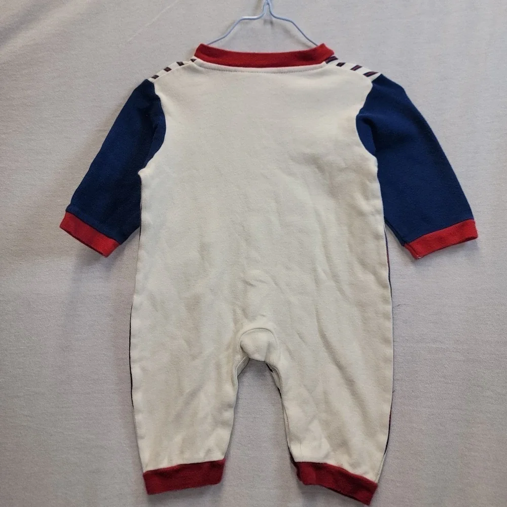 Vtg Bon Bebe Baseball Snap Romper‎ Pinstripe Bear Cream Navy Red 6-9 Months